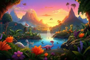 ai generado hermosa fantasía paisaje con tropical isla y dinosaurios - ilustración para niños, un tropical mágico isla con bebé dinosaurios jugando y vistoso plantas, ai generado foto