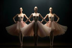 AI generated 3d render of three beautiful female ballet dancers in pink tutu, A trio of graceful ballet dancers in mid pose, AI Generated photo