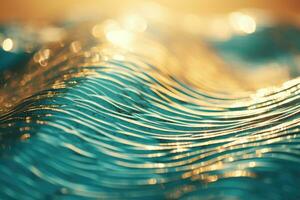 AI generated abstract background - close up of shiny metal surface with bokeh effect, A wave of turquoise glitter rippling against a sunlit golden background, AI Generated photo