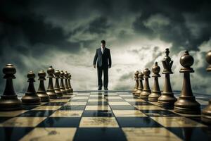 AI generated Businessman standing on chessboard with chess pieces on the background, Concept of competitive advantage in strategic marketing, AI Generated photo