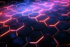 AI generated abstract background with glowing hexagons in blue and purple colors, 3d illustration, Create an abstract background hexagon pattern with glowing lights, AI Generated photo