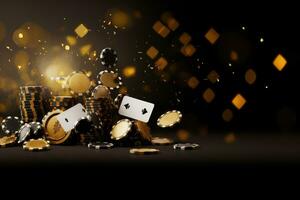 AI generated Casino chips and golden coins on black background with bokeh, Concept of casino game poker, card playing, gambling chips in a black and gold style banner backdrop background, AI Generated photo