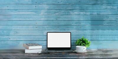 Modern laptop computer, Coffee cup, laptop on wooden table. Studio shot isolated on white. mockup blank screen for graphics display montage contemporary photo