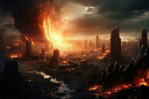AI generated Fiery explosion in the city. 3D illustration. Elements of this image furnished by NASA, Digital painting of a world collapse, doomsday scene, AI Generated photo