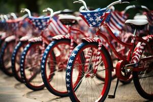 ai generado bicicletas estacionado en un fila con americano banderas en el fondo, decorado bicicletas forrado arriba para un cuarto de julio desfile, independencia día, ai generado foto