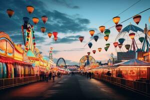 AI generated Amusement park in the evening. Amusement park in the evening, Colorful summer carnival at dusk, AI Generated photo