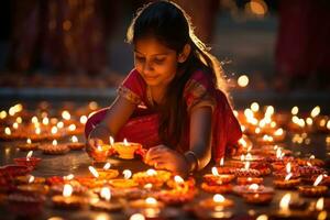 ai generado indio niña Encendiendo diwali petróleo lamparas en el festival de luces, Día de la Independencia, hindú festival de luces celebracion, ai generado foto