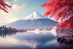 AI generated Fuji mountain with red maple leaf and lake in autumn season. Colorful Autumn Season and Mount Fuji with morning fog and red leaves at Lake Kawaguchiko, AI Generated photo