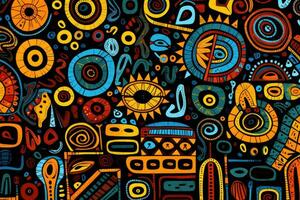 AI generated Cartoon hand-drawn doodles Ethnic seamless pattern. Colorful detailed, with lots of objects background, Colorful African tribal pattern in ethnic fabric, AI Generated photo