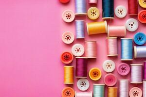 AI generated Colorful sewing threads on pink background. Top view with copy space, Colorful thread spools and buttons on a pink background, AI Generated photo