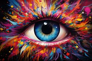 AI generated Colorful eye with abstract background. Psychedelic eye painting, Colorful eye painting, AI Generated photo