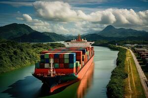 ai generado aéreo ver de envase Embarcacion en el mar con montañas fondo, envase Embarcacion paso mediante el Panamá canal, ai generado foto