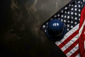 AI generated American flag with hardhat on black background. Labor day concept, Construction and manufacturing tools with the patriotic US, USA, American flag on a dark black background, AI Generated photo