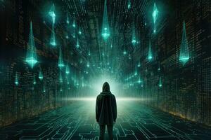 AI generated Back view of hacker standing in front of glowing binary code on dark background, Depict an anonymous hacker surrounded by a network of glowing data, AI Generated photo