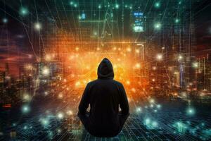 AI generated Rear view of hacker sitting on the floor with cityscape background, Depict an anonymous hacker surrounded by a network of glowing data, AI Generated photo