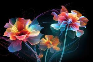 AI generated Abstract flowers on black background. Fantasy fractal design. Psychedelic digital art. 3D rendering, Digital technology transparent colorful flowers in abstract graphics, AI Generated photo