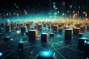 AI generated 3d rendering of abstract digital city with connection lines on dark blue background, Cyber big data flow, blockchain data fields, and network line connect stream, AI Generated photo