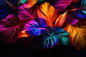 ai generado vistoso monstera hojas antecedentes. tropical palma hojas y exótico flores, creativo fluorescente color diseño hecho de tropical hojas, ai generado foto