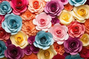 AI generated Colorful paper flowers background. Top view. Close-up, Create a backdrop of colorful paper roses, AI Generated photo