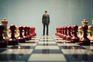 AI generated Businessman standing on chessboard with chess pieces in the background, Concept of competitive advantage in strategic marketing, AI Generated photo