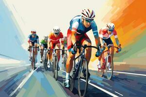 AI generated Group of cyclists on a road race. Colorful background. Vector illustration, Color drawing of a cyclists' team riding on bicycles for a bike race banner, AI Generated photo