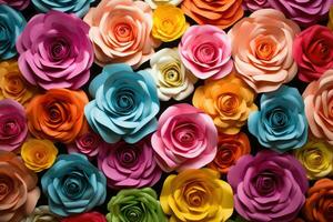 AI generated Colorful roses background. Top view. Flat lay. Close up, Create a backdrop of colorful paper roses, AI Generated photo
