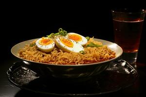 ai generado ilustración de japonés fideos ramen con huevo y verduras, delicioso cuenco de ramen fideos, ai generado foto