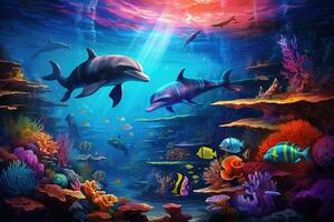 AI generated Underwater scene with dolphins and coral reef - 3d illustration, Dolphin with a group of colorful fish and sea animals with vibrant coral underwater in the ocean, AI Generated photo