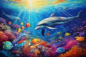 AI generated Dolphin swimming in the ocean. Illustration of the underwater world, Dolphin with a group of colorful fish and sea animals with vibrant coral underwater in the ocean, AI Generated photo