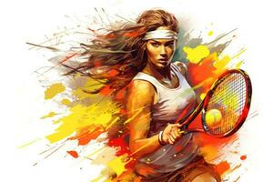 ai generado digital pintura de un tenis jugador en acción en un tenis corte, creativo ilustración de un joven atlético hembra tenis jugador jugando con su tenis raqueta, ai generado foto