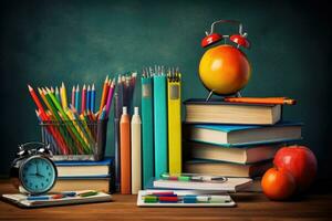 AI generated Back to school concept. Stack of books, alarm clock, pencils and apple on wooden table, Composite image of school supplies on a desk, AI Generated photo