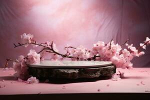 ai generado Cereza flores y mármol podio en rosado antecedentes con Copiar espacio, cosmético pedestal, un rosado podio con sakura pétalos, ai generado foto