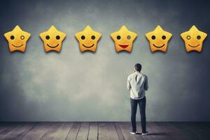 AI generated businessman choosing the best smiley on a wall with five stars, Customer service evaluation and feedback concept, AI Generated photo