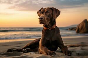 AI generated Dog on the beach at sunset. Black and white photo with copy space, Dog on the beach, AI Generated