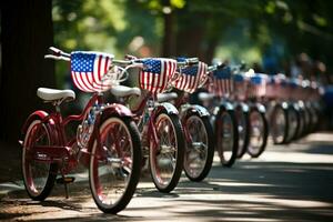 AI generated Bicycles with American flags parked in a row in the park, Decorated bicycles lined up for a Fourth of July parade, Independence Day, AI Generated photo