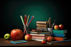 AI generated Back to school concept. Stack of books, apple and pencils on wooden table, Composite image of school supplies on a desk, AI Generated photo