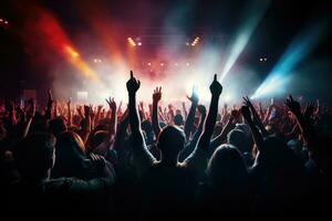 AI generated Crowd at concert with raised hands and bright stage lights in background, Crowd cheering at a live music concert and raising their hands, AI Generated photo