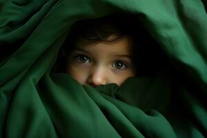 AI generated Little girl hiding behind a green blanket in the dark, close-up, Cute little baby girl hiding under a green blanket in bed, AI Generated photo