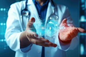 AI generated Close view of a doctor holding in hands virtual panel with padlock, Doctor's hand in a hospital with digital medical icons graphic banner showing the symbol of medicine, AI Generated photo