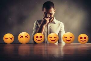 ai generado empresario sentado a un mesa con sonriente emoticones en su rostro, cliente Servicio evaluación y realimentación concepto, ai generado foto