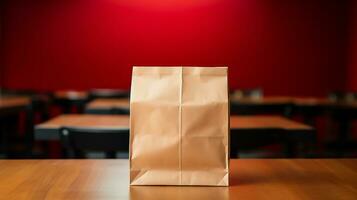 AI generated food Delivery paper empty bag on the wooden table with red background photo