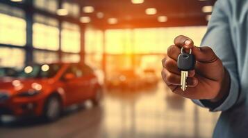 AI generated A man carried up smart car key, blurry car showroom in background, bright light in background photo