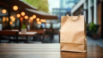 ai generado comida entrega blanco papel bolso en el de madera, y borroso restaurantes en antecedentes foto