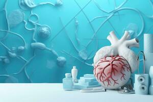 ai generado 3d representación de humano corazón con varios médico objetos en azul fondo, conceptual médico antecedentes imagen con Copiar espacio, presentado en 3d representación, ai generado foto