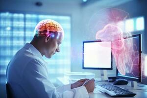 ai generado lado ver de masculino médico sentado a escritorio con computadora y cerebro holograma, médico comprobación cerebro pruebas resultado con un computadora interfaz, abstracto, ai generado foto