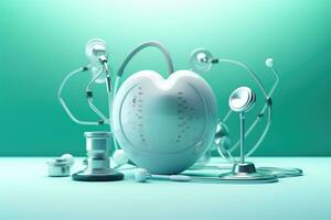 AI generated Stethoscope and heart on blue background. 3d illustration, Conceptual medical background image with copy space, presented in 3D rendering, AI Generated photo