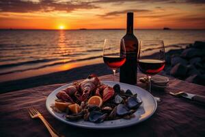 AI generated Seafood dinner on the beach at sunset with a bottle of red wine and glasses, Dinner with seafood and red wine against the backdrop of a sea sunset, AI Generated photo