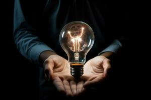AI generated Close-up image of human hands holding incandescent light bulb, Conceptual image of a lightbulb in hand against a black background, AI Generated photo