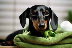 ai generado linda perro tejonero perrito con verde toalla en habitación, de cerca, perro perro tejonero, negro y broncearse, relajado desde spa procedimientos en el cara con pepino, cubierto con un toalla, ai generado foto