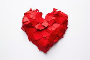 ai generado rojo origami corazón en blanco antecedentes. San Valentín día concepto, estropeado rojo corazón papel aislado en un blanco fondo, roto corazón concepto, ai generado foto